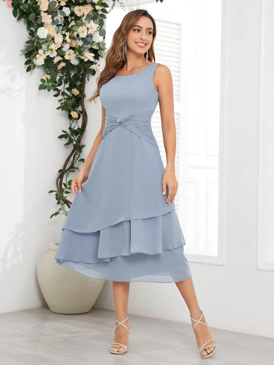 2 Piece Mother of The Bride Dresses for Wedding with Jacket Tea Length Chiffon Formal Evening Gown
