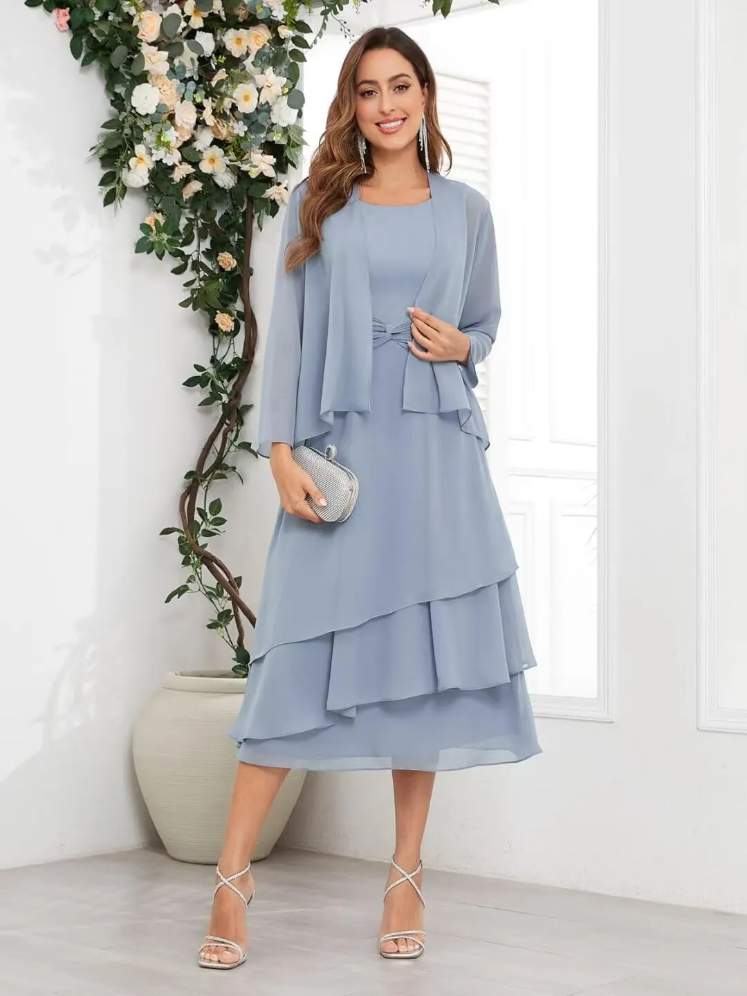 2 Piece Mother of The Bride Dresses for Wedding with Jacket Tea Length Chiffon Formal Evening Gown