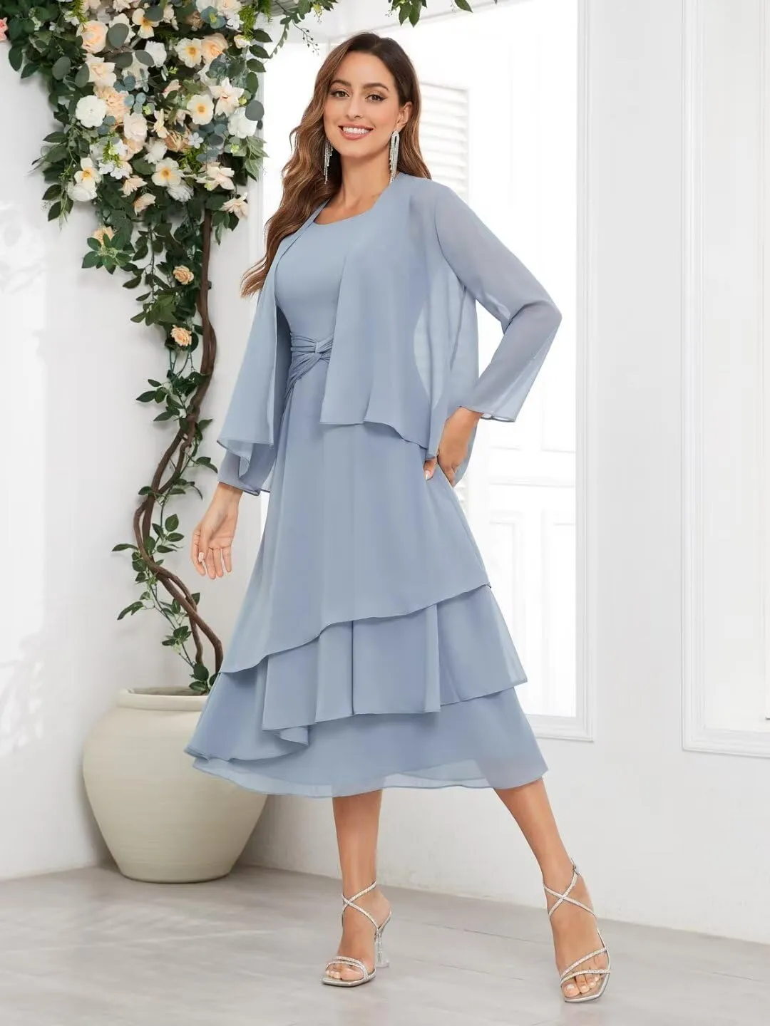 2 Piece Mother of The Bride Dresses for Wedding with Jacket Tea Length Chiffon Formal Evening Gown