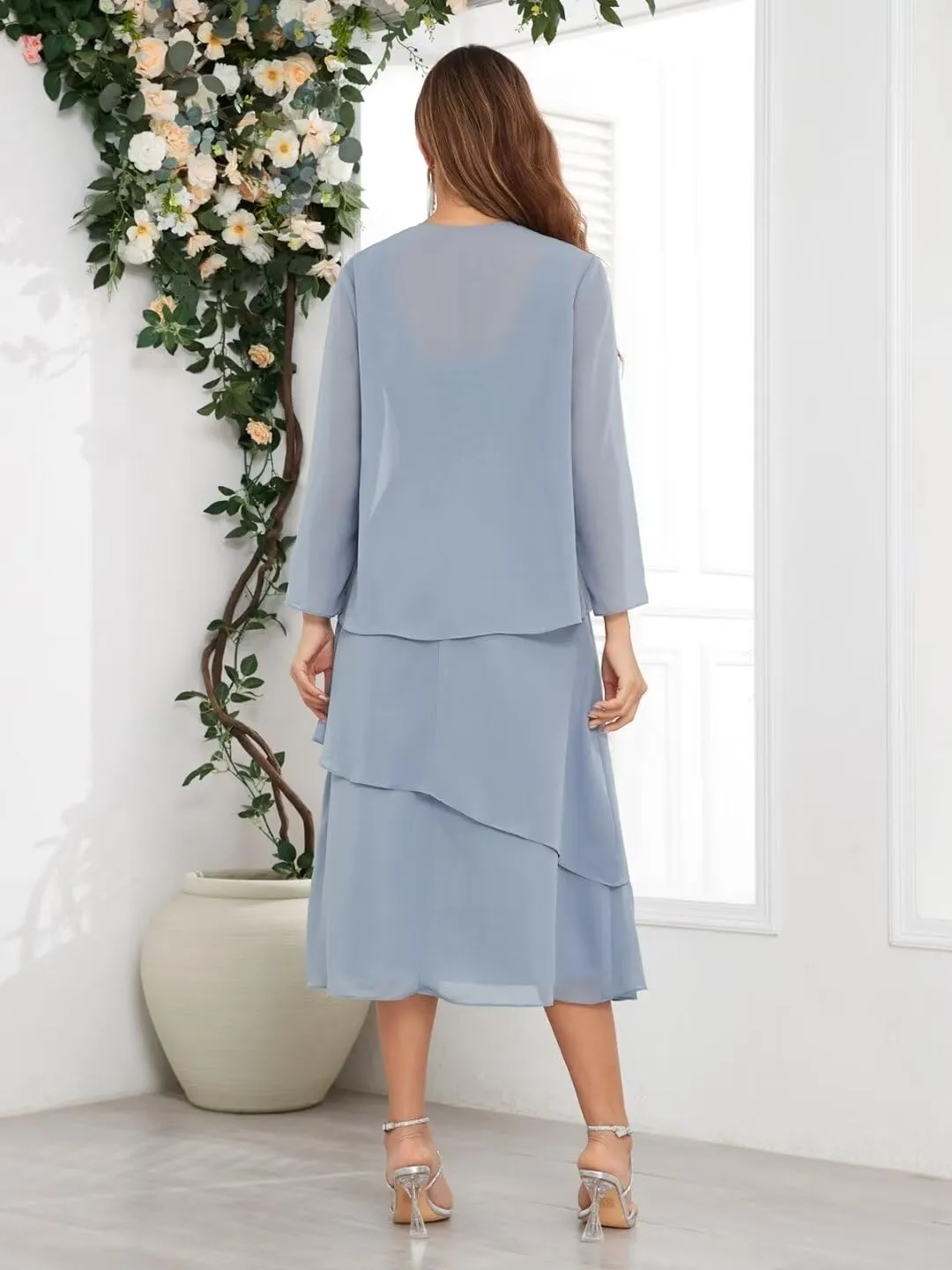 2 Piece Mother of The Bride Dresses for Wedding with Jacket Tea Length Chiffon Formal Evening Gown