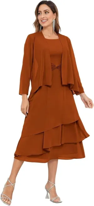 2 Piece Mother of The Bride Dresses for Wedding with Jacket Tea Length Chiffon Formal Evening Gown