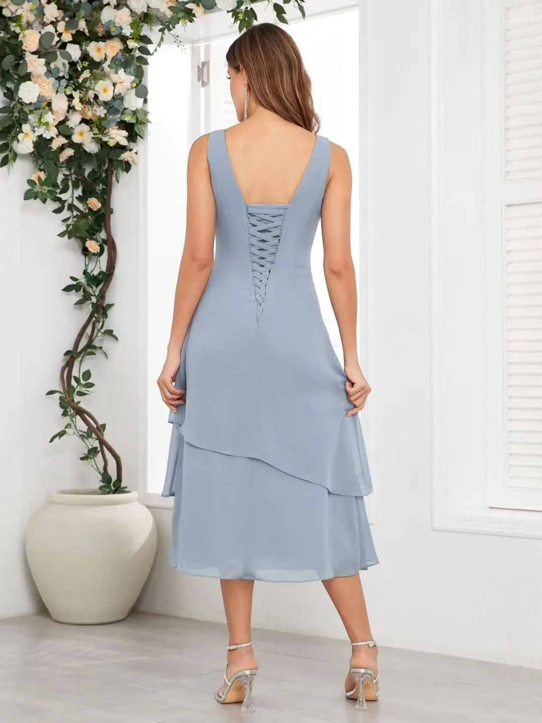 2 Piece Mother of The Bride Dresses for Wedding with Jacket Tea Length Chiffon Formal Evening Gown