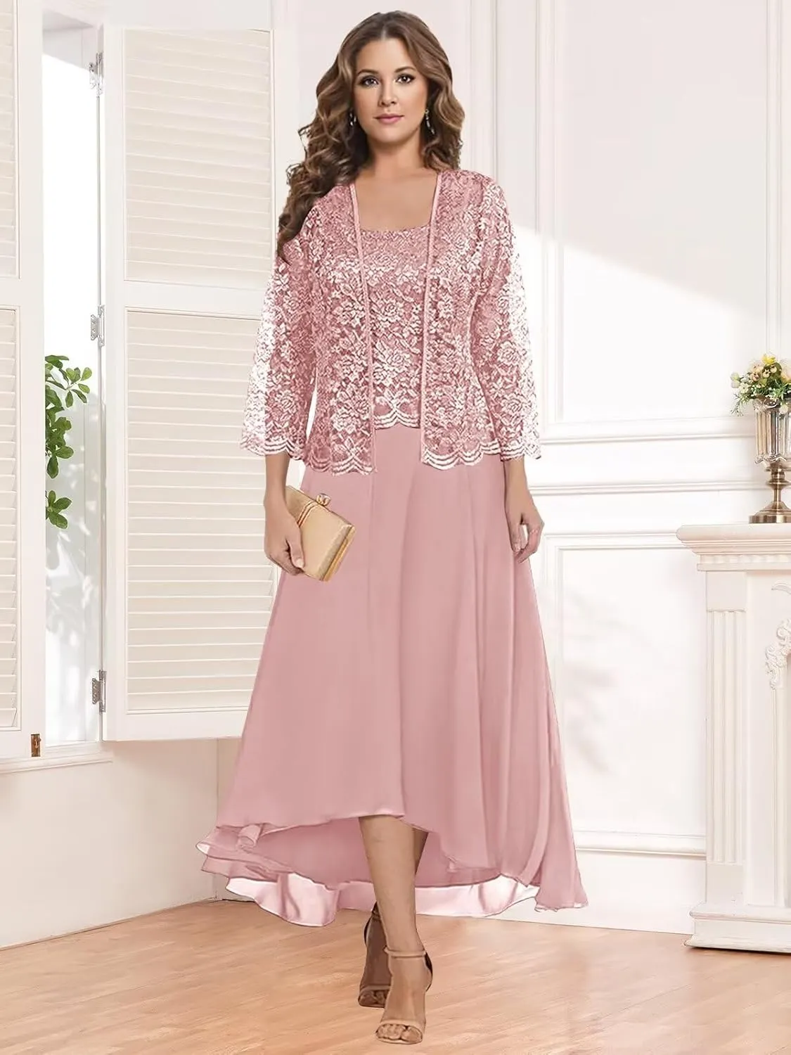 2 Pieces Tea Length Mother of The Bride Dresses for Women Wedding Lace Chiffon Formal Evening Gown with Jacket