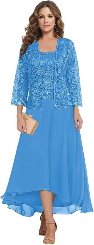 2 Pieces Tea Length Mother of The Bride Dresses for Women Wedding Lace Chiffon Formal Evening Gown with Jacket