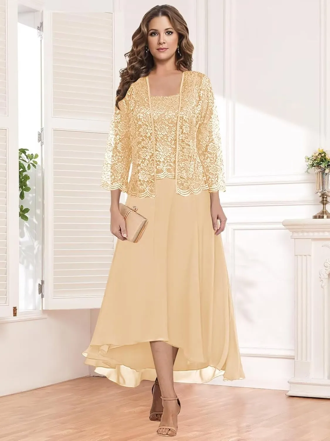 2 Pieces Tea Length Mother of The Bride Dresses for Women Wedding Lace Chiffon Formal Evening Gown with Jacket