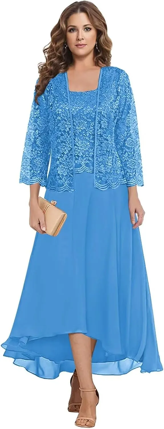 2 Pieces Tea Length Mother of The Bride Dresses for Women Wedding Lace Chiffon Formal Evening Gown with Jacket