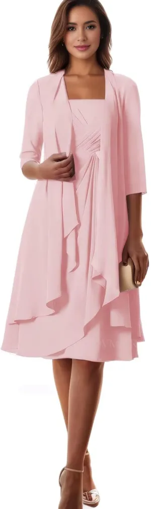 2 Pieces Tea Length Mother of The Bride Dresses with Jacket Chiffon Ruffle Formal Evening Dress with Half Sleeves