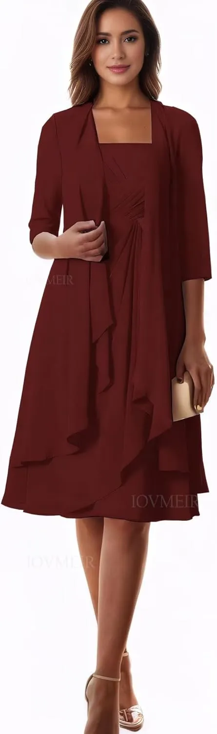 2 Pieces Tea Length Mother of The Bride Dresses with Jacket Chiffon Ruffle Formal Evening Dress with Half Sleeves