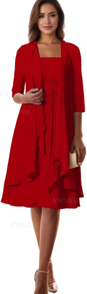 2 Pieces Tea Length Mother of The Bride Dresses with Jacket Chiffon Ruffle Formal Evening Dress with Half Sleeves