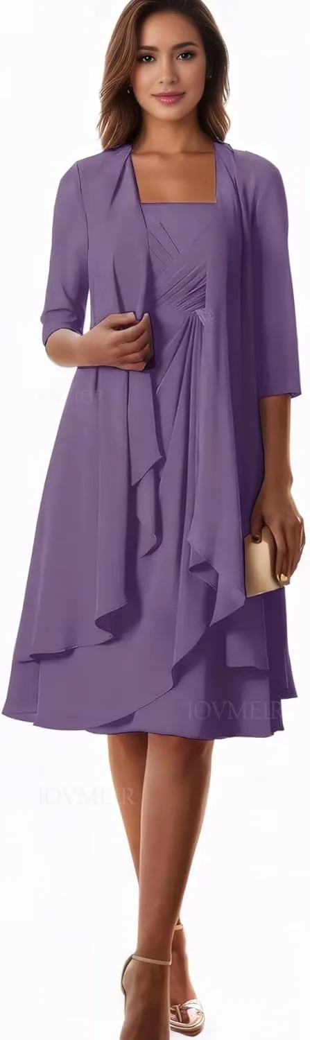 2 Pieces Tea Length Mother of The Bride Dresses with Jacket Chiffon Ruffle Formal Evening Dress with Half Sleeves