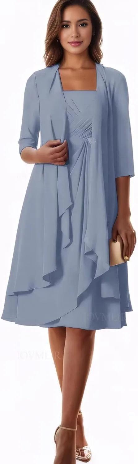 2 Pieces Tea Length Mother of The Bride Dresses with Jacket Chiffon Ruffle Formal Evening Dress with Half Sleeves