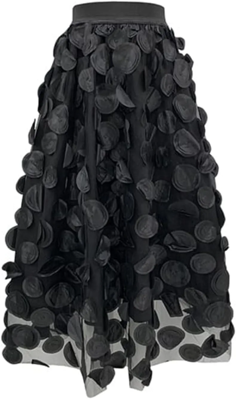 2025 Long Skirts for Women Summer Vintage A Line Skirt Half Length Skirt 3D Polka Dotted Yarn Skirt High Waisted