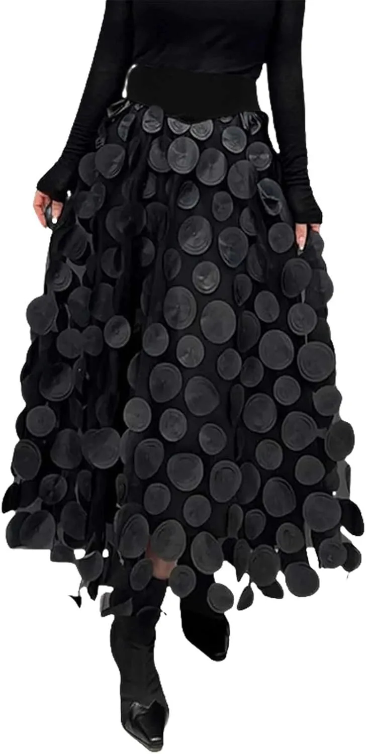 2025 Long Skirts for Women Summer Vintage A Line Skirt Half Length Skirt 3D Polka Dotted Yarn Skirt High Waisted