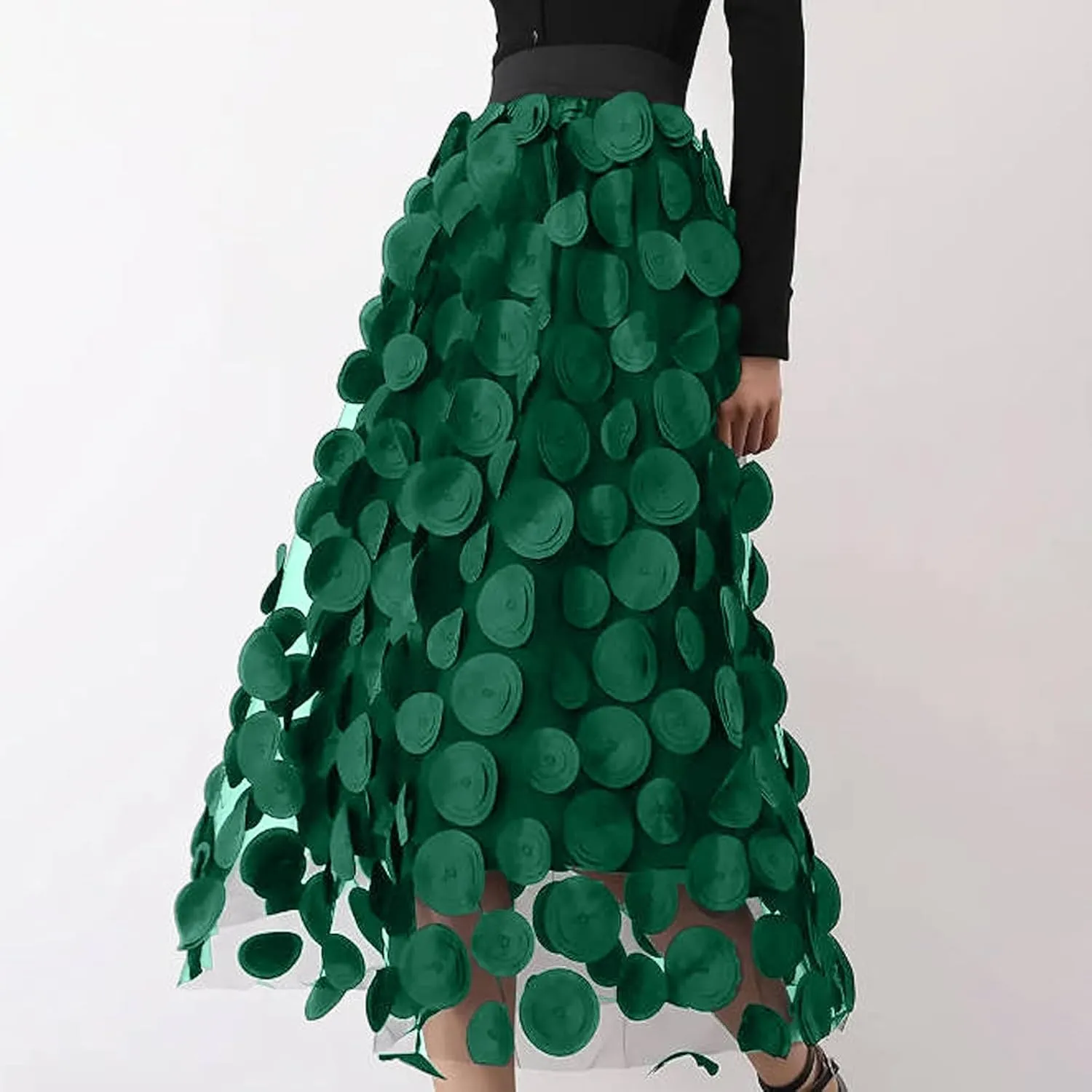 2025 Long Skirts for Women Summer Vintage A Line Skirt Half Length Skirt 3D Polka Dotted Yarn Skirt High Waisted