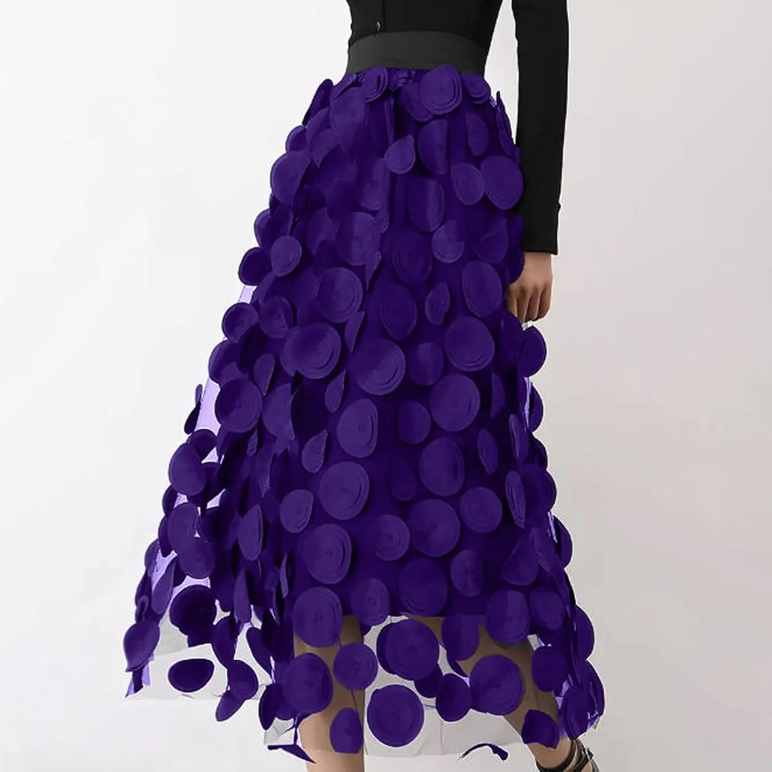 2025 Long Skirts for Women Summer Vintage A Line Skirt Half Length Skirt 3D Polka Dotted Yarn Skirt High Waisted