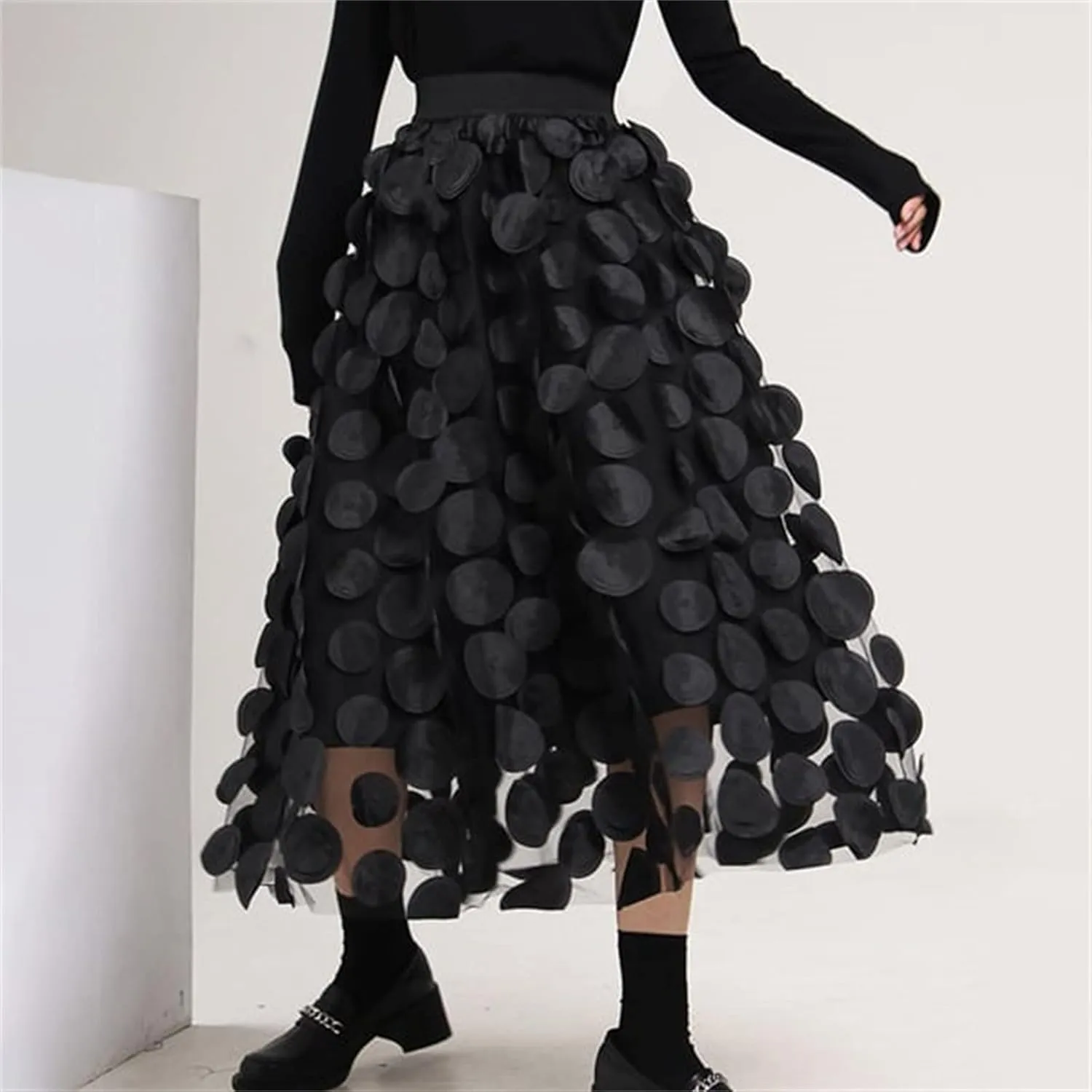 2025 Long Skirts for Women Summer Vintage A Line Skirt Half Length Skirt 3D Polka Dotted Yarn Skirt High Waisted