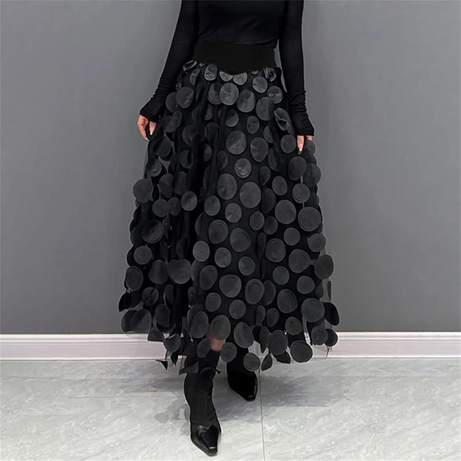 2025 Long Skirts for Women Summer Vintage A Line Skirt Half Length Skirt 3D Polka Dotted Yarn Skirt High Waisted