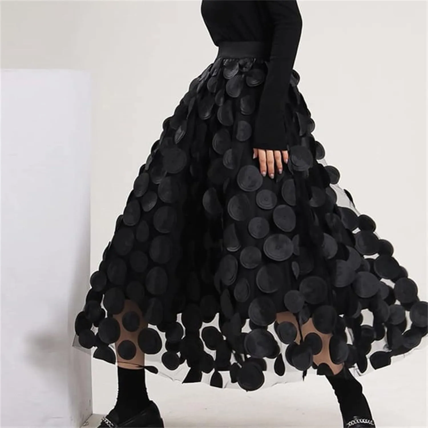 2025 Long Skirts for Women Summer Vintage A Line Skirt Half Length Skirt 3D Polka Dotted Yarn Skirt High Waisted