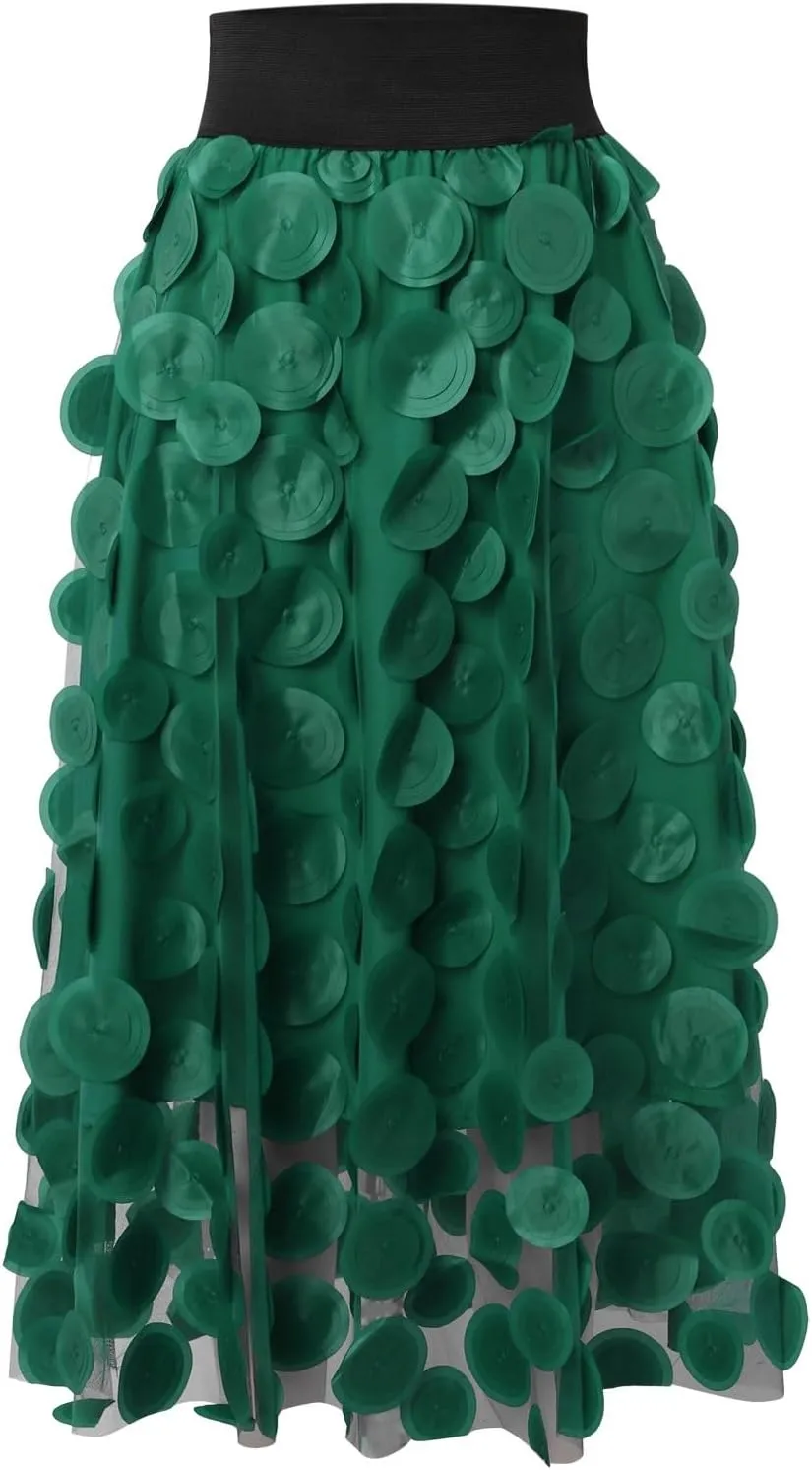 2025 Long Skirts for Women Summer Vintage A Line Skirt Half Length Skirt 3D Polka Dotted Yarn Skirt High Waisted