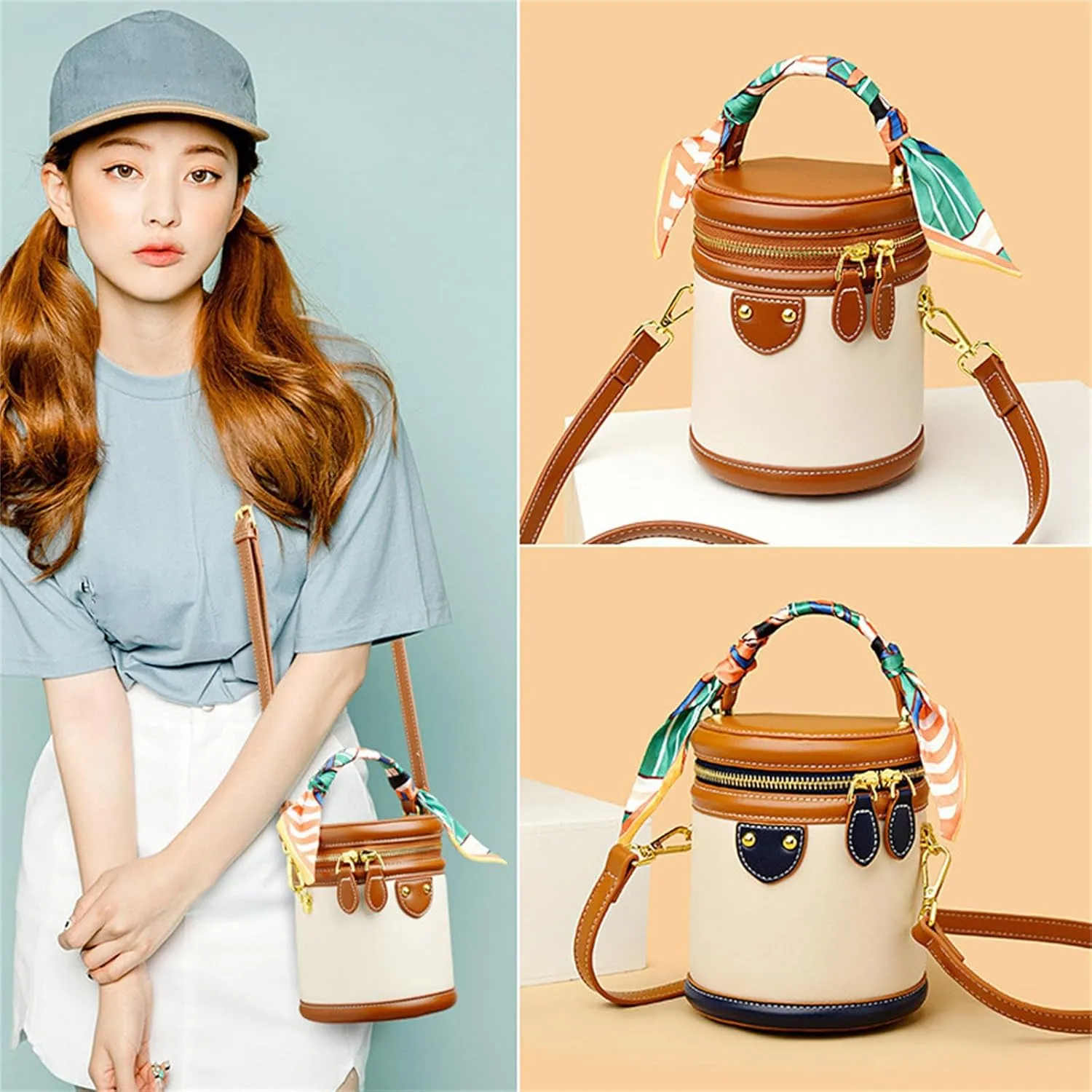 2025 New Summer Cylinder Bag, Colorblock Bucket Bag for Women, Casual Fashion Versatile Crossbody Bag