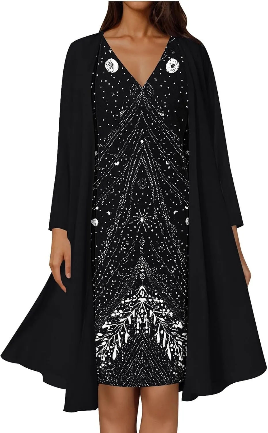 2025 Womens Chiffon Two-Piece Set Trendy Sleeveless V-Neck Dress with Long Sleeve Cover-Up Casual Midi Dress Outfits