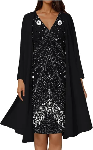 2025 Womens Chiffon Two-Piece Set Trendy Sleeveless V-Neck Dress with Long Sleeve Cover-Up Casual Midi Dress Outfits