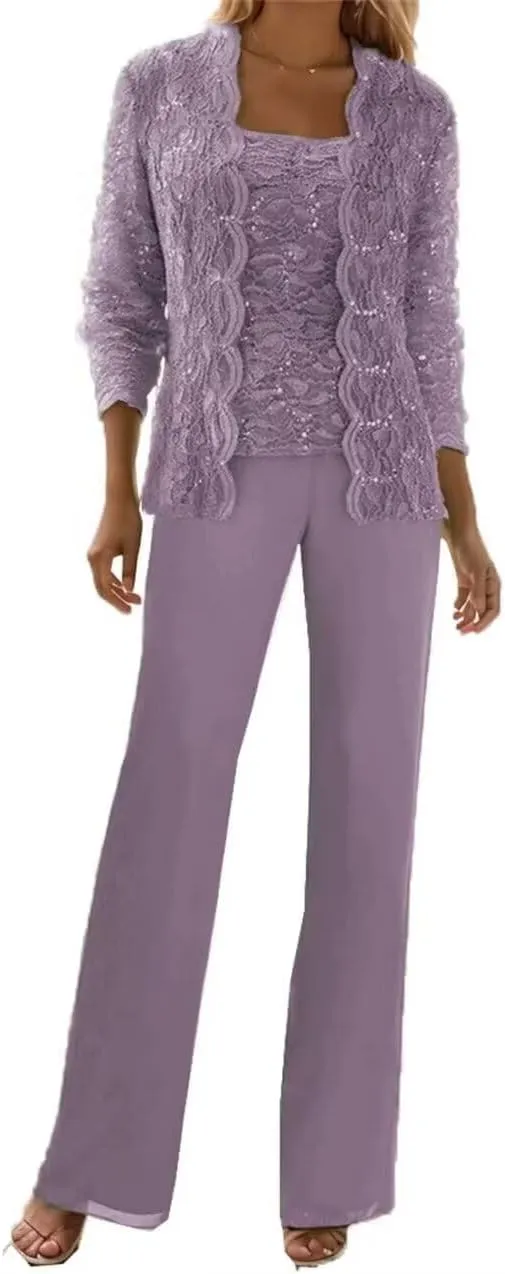 3 Pieces Mother of The Bride Pant Suits with Jackets Sequins Lace Wedding Guest Dresses for Women