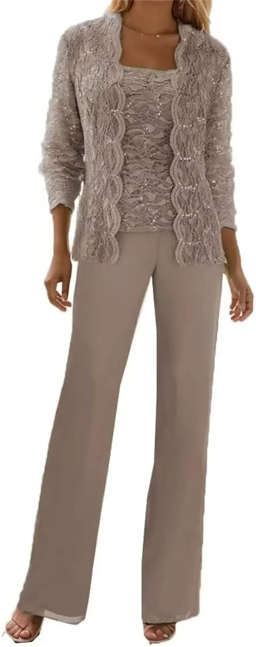 3 Pieces Mother of The Bride Pant Suits with Jackets Sequins Lace Wedding Guest Dresses for Women