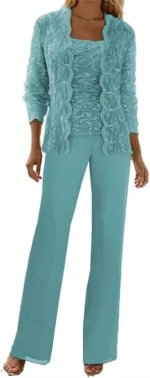 3 Pieces Mother of The Bride Pant Suits with Jackets Sequins Lace Wedding Guest Dresses for Women
