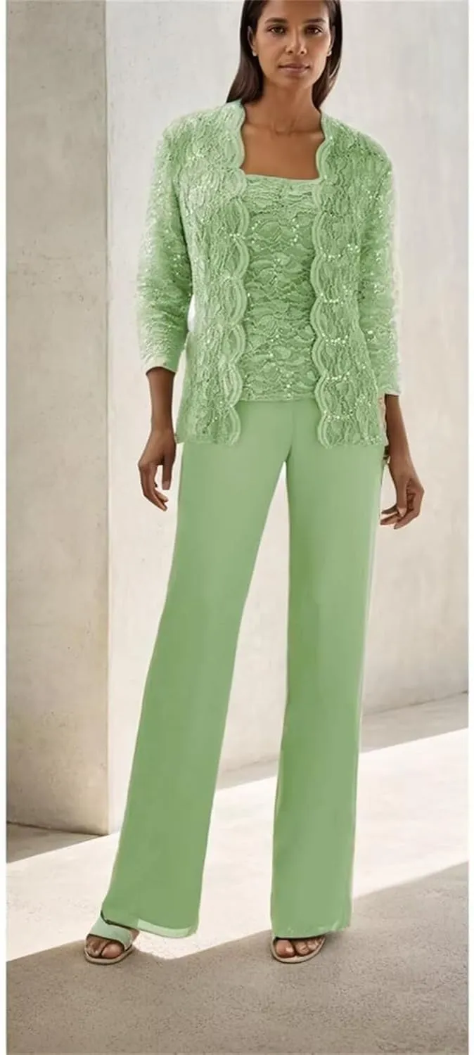 3 Pieces Mother of The Bride Pant Suits with Jackets Sequins Lace Wedding Guest Dresses for Women