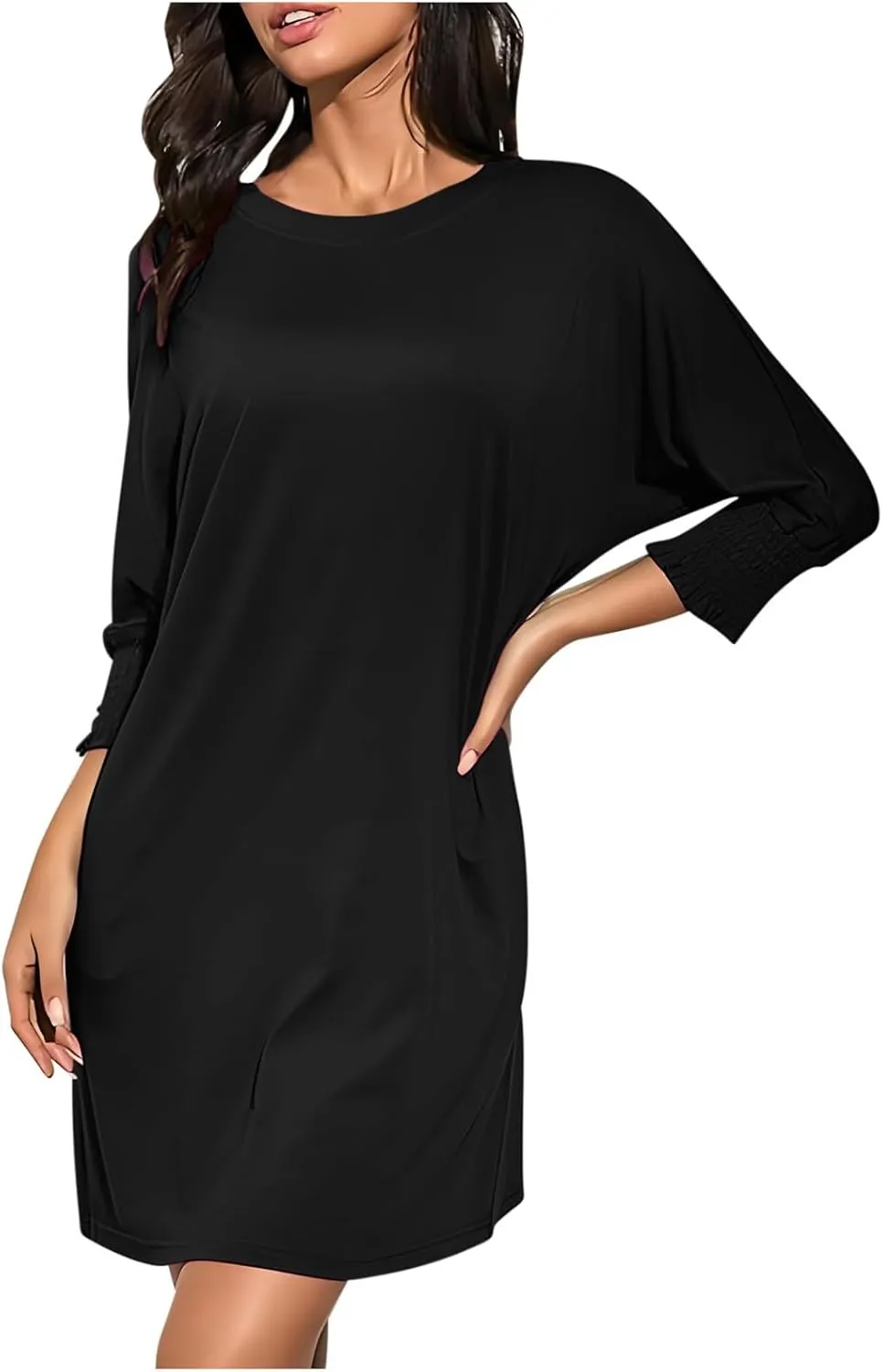 3/4 Sleeve Womens Dresses Summer Spring Quarter Sleeve Crew Neck Mini Dress Loose Fit Beach Coverups Comfy Tshirt Dress