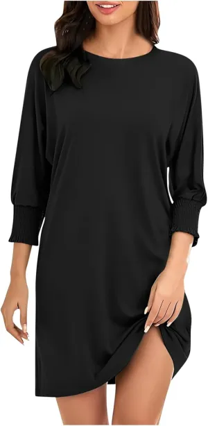 3/4 Sleeve Womens Dresses Summer Spring Quarter Sleeve Crew Neck Mini Dress Loose Fit Beach Coverups Comfy Tshirt Dress