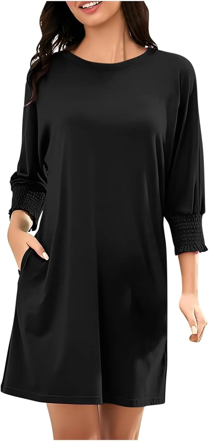 3/4 Sleeve Womens Dresses Summer Spring Quarter Sleeve Crew Neck Mini Dress Loose Fit Beach Coverups Comfy Tshirt Dress