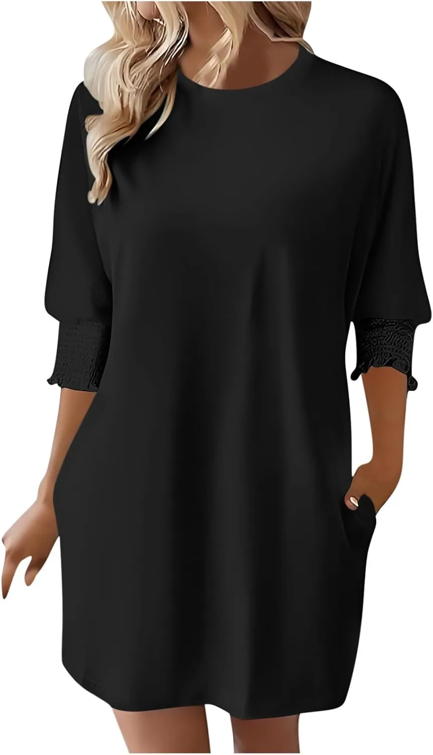 3/4 Sleeve Womens Dresses Summer Spring Quarter Sleeve Crew Neck Mini Dress Loose Fit Beach Coverups Comfy Tshirt Dress