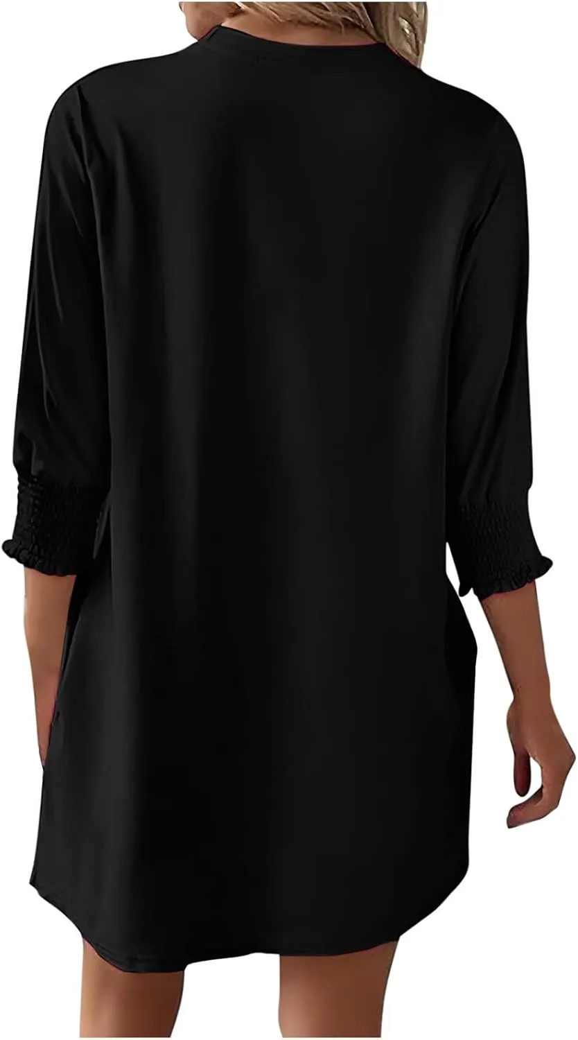 3/4 Sleeve Womens Dresses Summer Spring Quarter Sleeve Crew Neck Mini Dress Loose Fit Beach Coverups Comfy Tshirt Dress