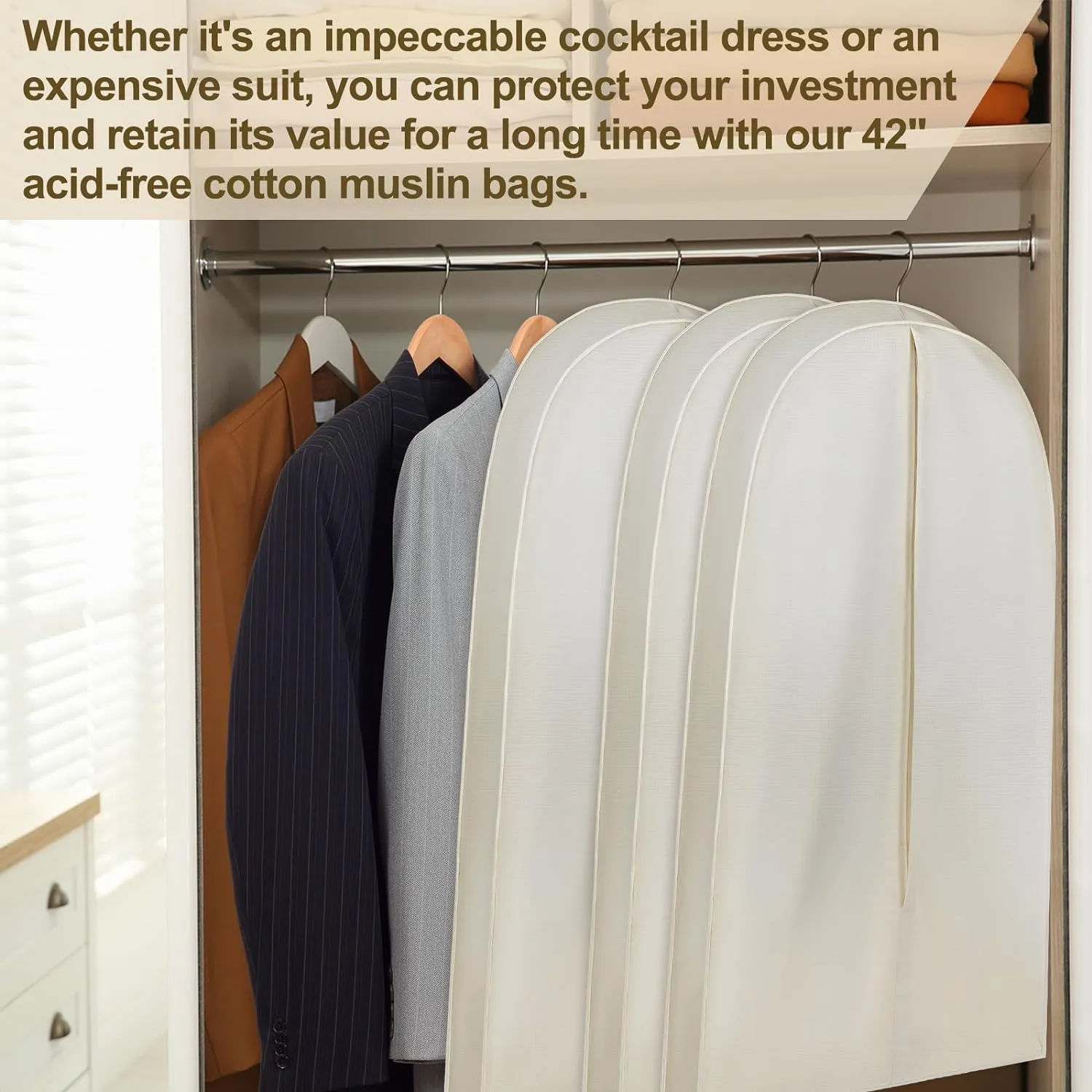 42 Inch Acid Free Cotton Muslin Suit Garment Bag Long Dress Suit Storage Box Closet Organizer for Suits, Coats, Travel Bag