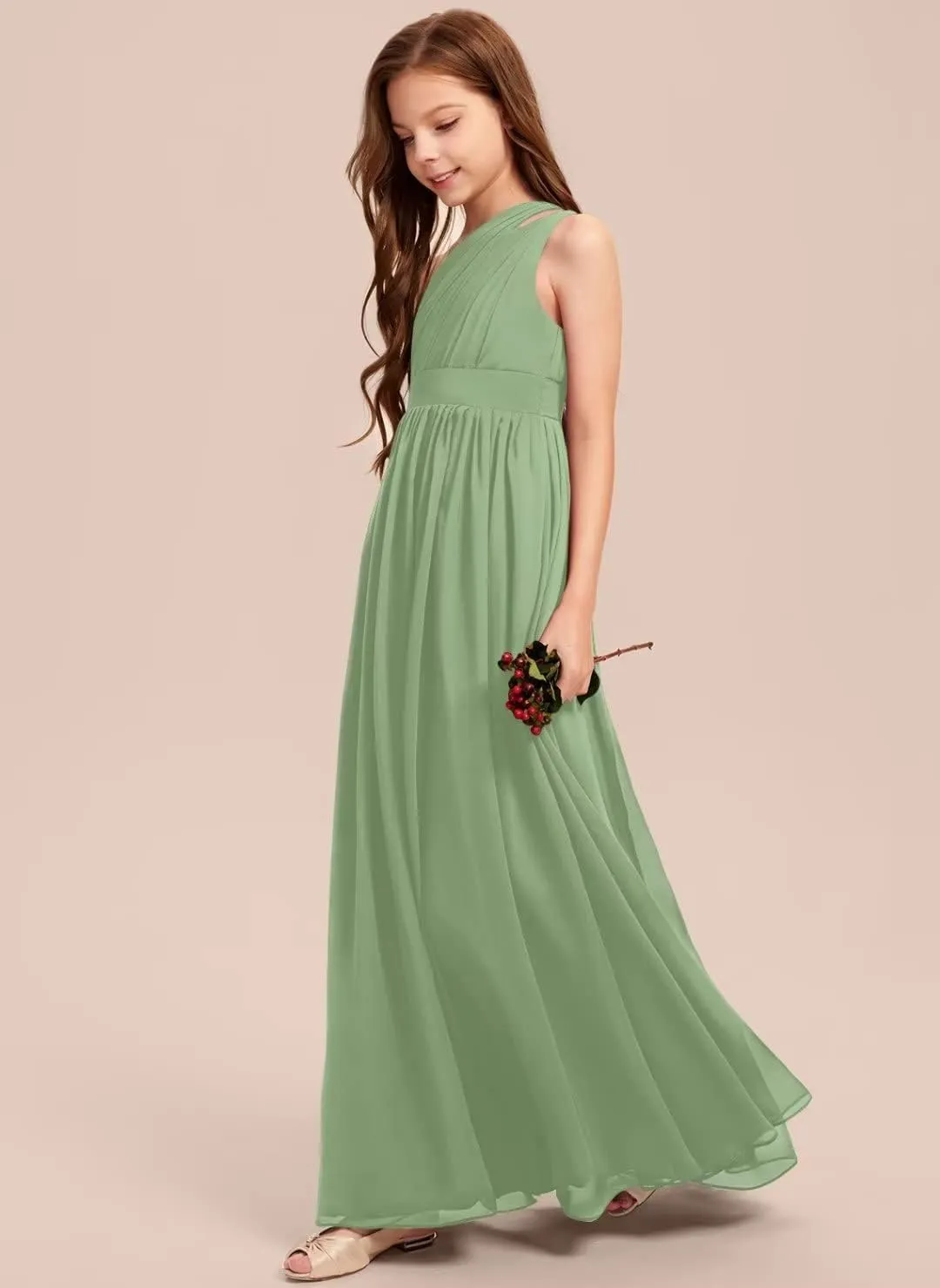 A-line One Shoulder Floor-Length Chiffon Junior Bridesmaid Dress for Wedding Teen Girls Party Gowns