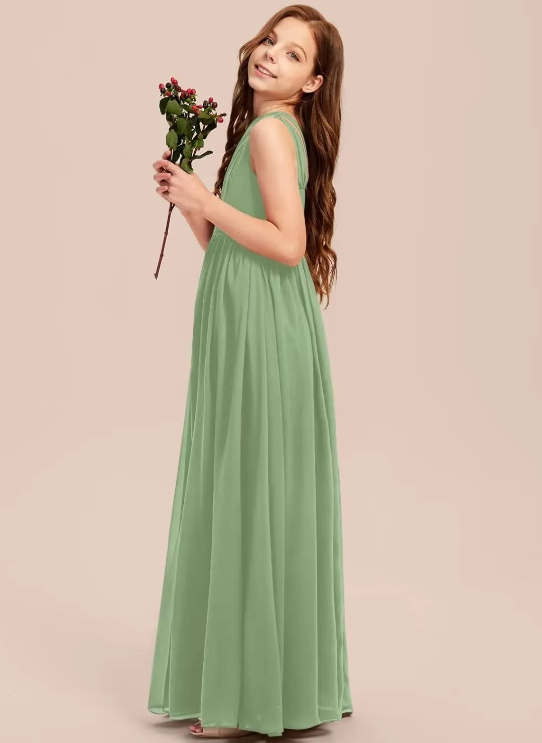 A-line One Shoulder Floor-Length Chiffon Junior Bridesmaid Dress for Wedding Teen Girls Party Gowns