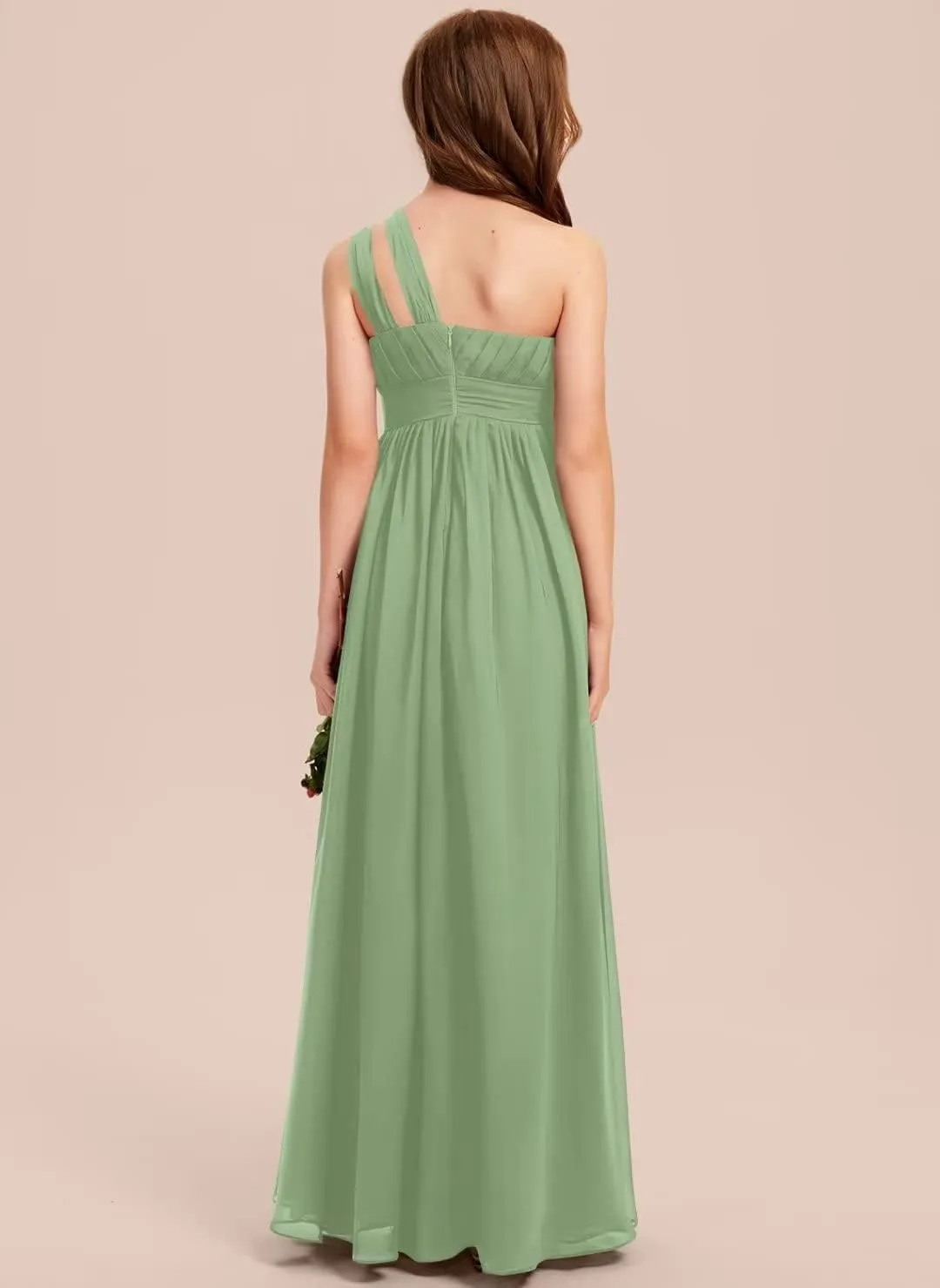 A-line One Shoulder Floor-Length Chiffon Junior Bridesmaid Dress for Wedding Teen Girls Party Gowns