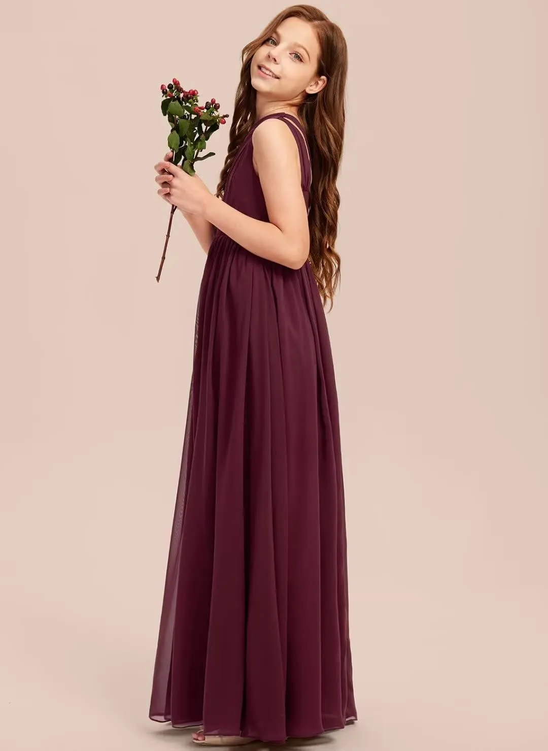 A-line One Shoulder Floor-Length Chiffon Junior Bridesmaid Dress for Wedding Teen Girls Party Gowns