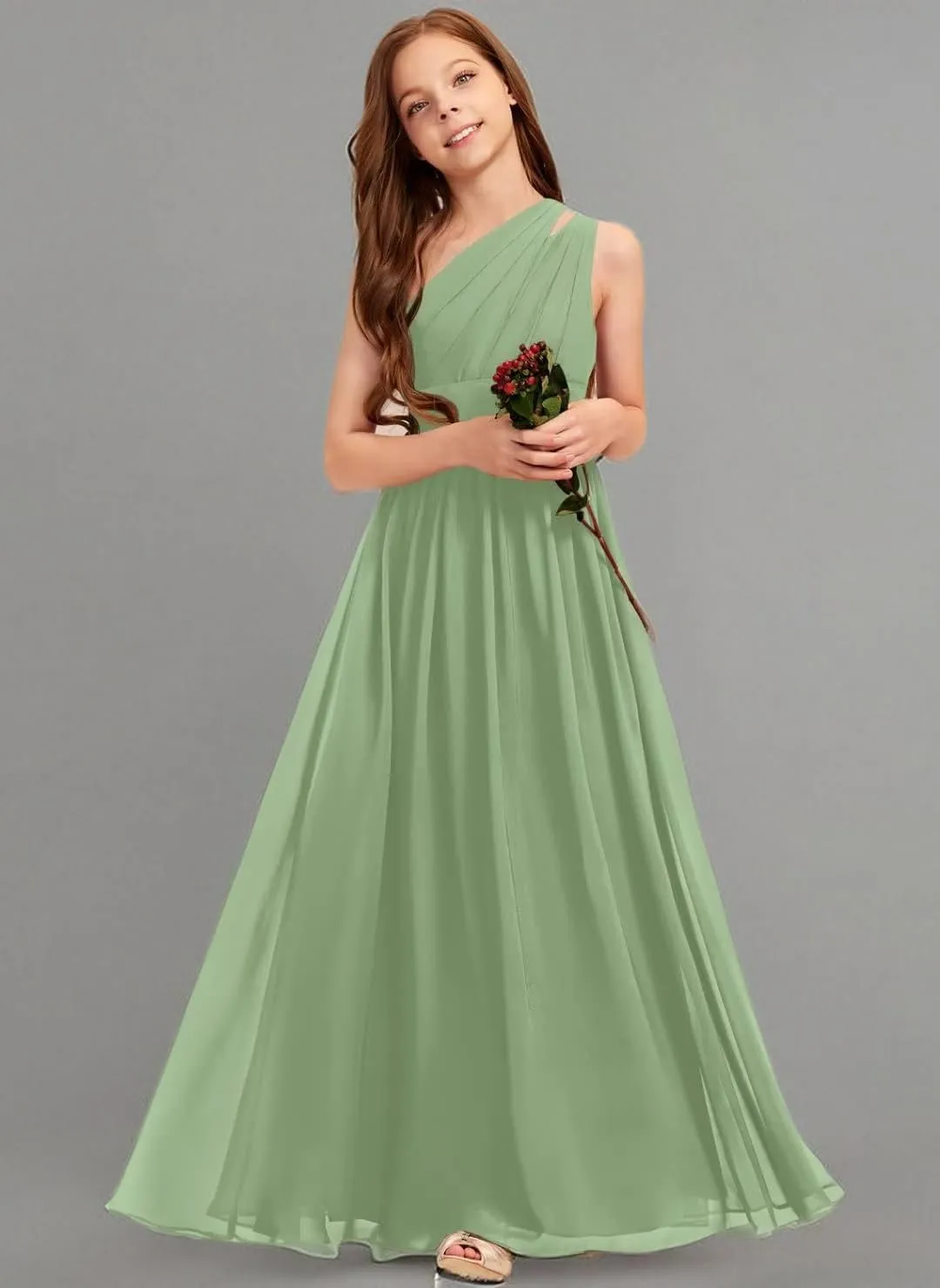 A-line One Shoulder Floor-Length Chiffon Junior Bridesmaid Dress for Wedding Teen Girls Party Gowns