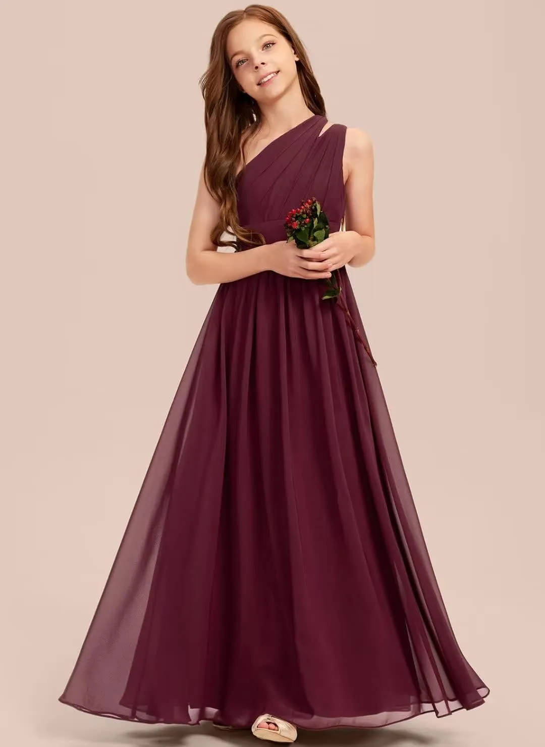 A-line One Shoulder Floor-Length Chiffon Junior Bridesmaid Dress for Wedding Teen Girls Party Gowns