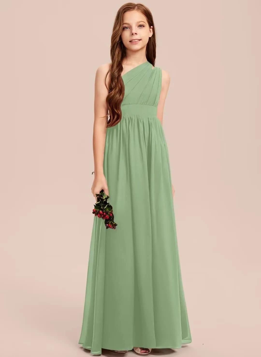 A-line One Shoulder Floor-Length Chiffon Junior Bridesmaid Dress for Wedding Teen Girls Party Gowns