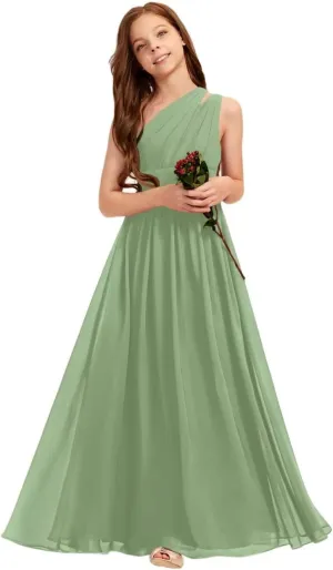 A-line One Shoulder Floor-Length Chiffon Junior Bridesmaid Dress for Wedding Teen Girls Party Gowns