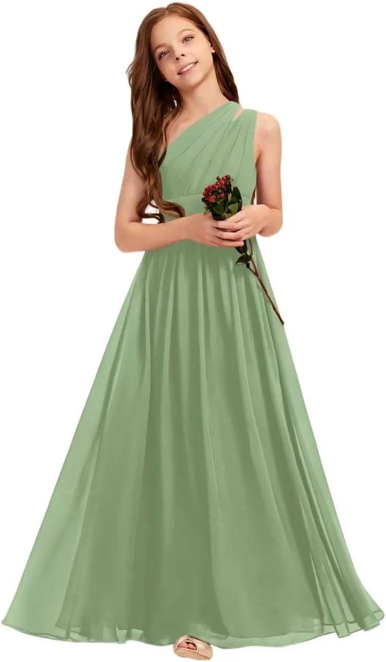 A-line One Shoulder Floor-Length Chiffon Junior Bridesmaid Dress for Wedding Teen Girls Party Gowns