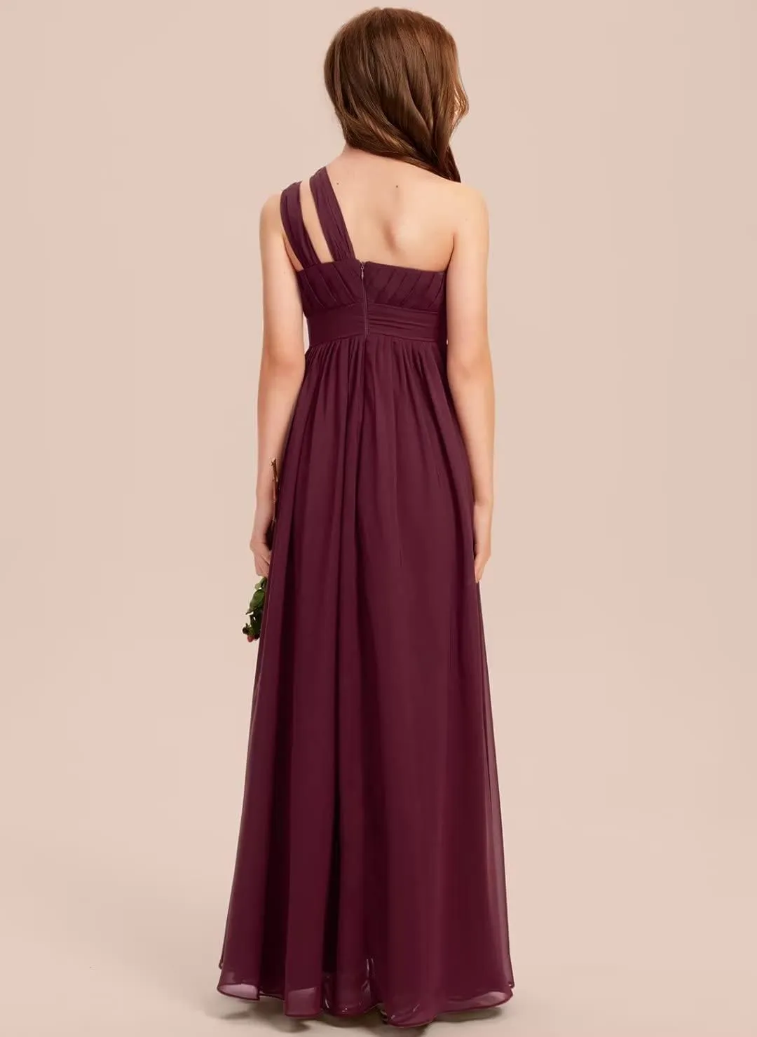 A-line One Shoulder Floor-Length Chiffon Junior Bridesmaid Dress for Wedding Teen Girls Party Gowns