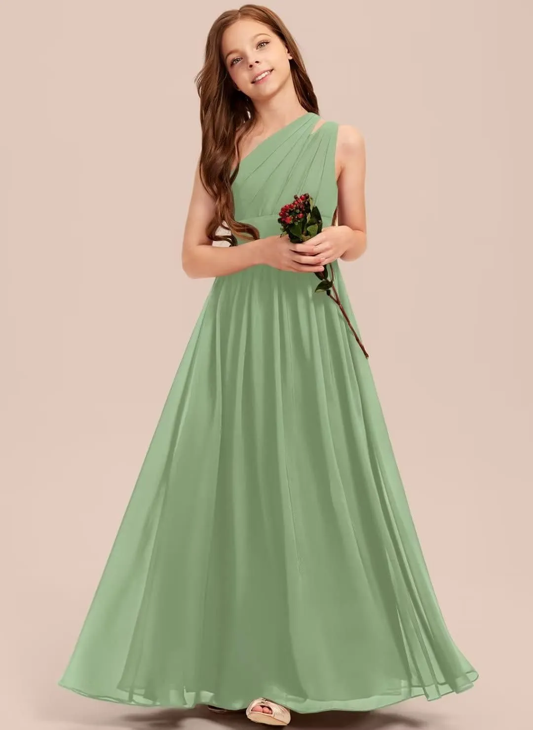 A-line One Shoulder Floor-Length Chiffon Junior Bridesmaid Dress for Wedding Teen Girls Party Gowns