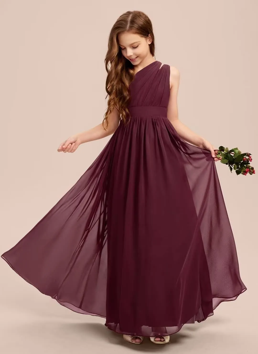 A-line One Shoulder Floor-Length Chiffon Junior Bridesmaid Dress for Wedding Teen Girls Party Gowns