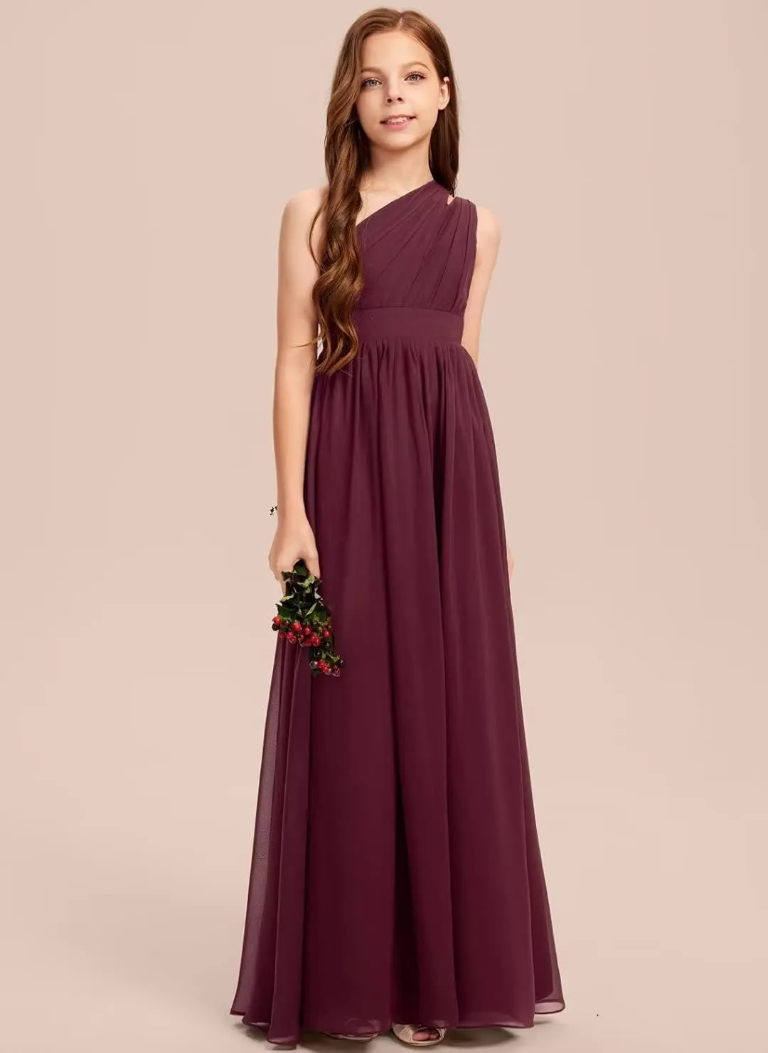 A-line One Shoulder Floor-Length Chiffon Junior Bridesmaid Dress for Wedding Teen Girls Party Gowns