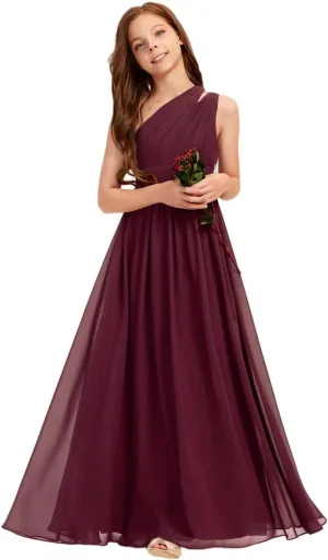 A-line One Shoulder Floor-Length Chiffon Junior Bridesmaid Dress for Wedding Teen Girls Party Gowns